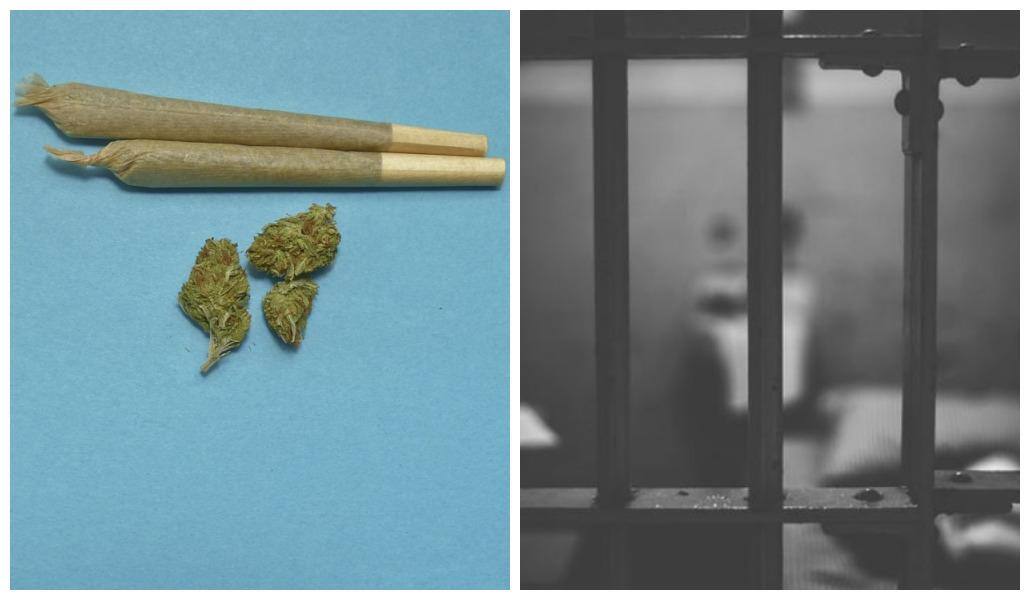 Foto ilustrativa mostra cigarros de maconha e, ao lado, uma prisão