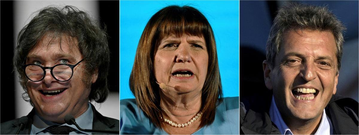 Javier Milei, Patricia Bullrich e Sergio Massa disputam a presidência da Argentina