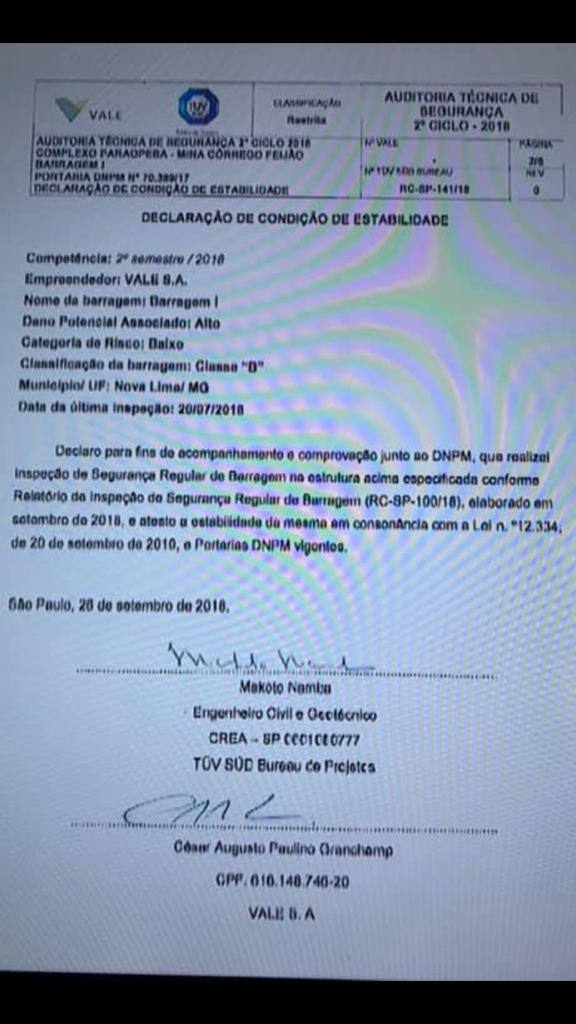 Laudo que atestou segurança de barragem tem apenas uma página