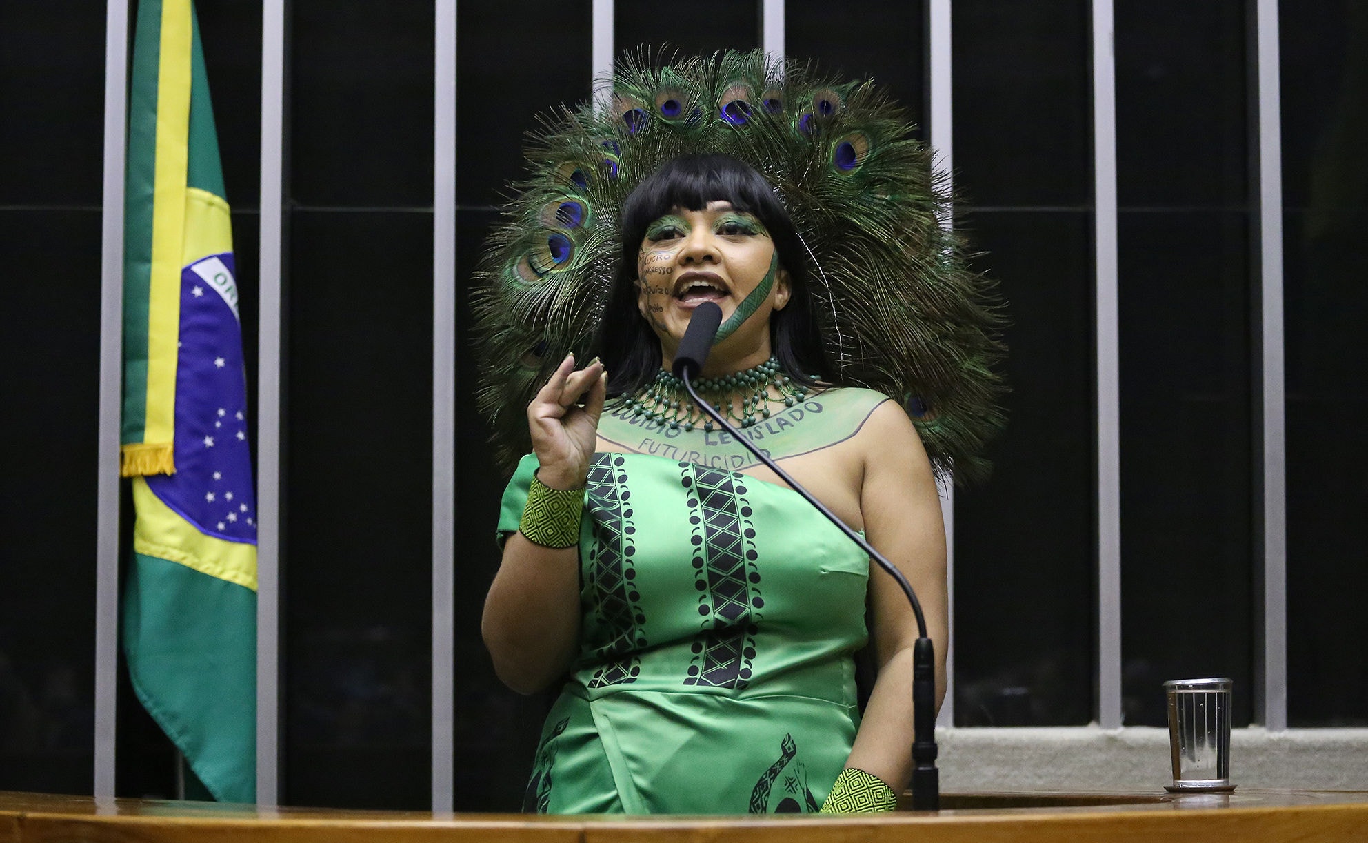 Célia Xakriabá durante sessão na Câmara dos Deputados: a parlamentar foi a primeira mulher indígena eleita por Minas e tem atuado na defesa de direitos dos povos originários e do meio ambiente