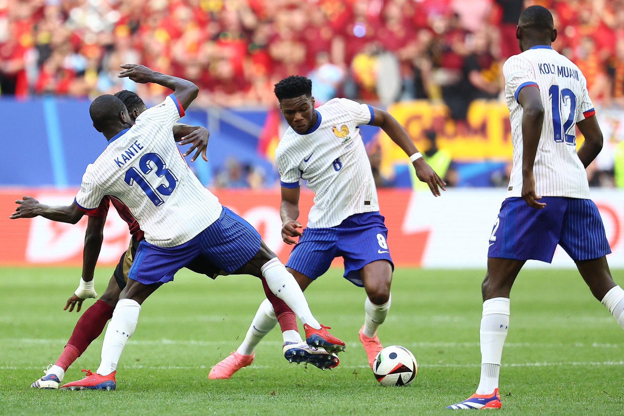 France's midfielder #08 Aurelien Tchouameni controls the ball during the UEFA Euro 2024 round of 16 football match between France and Belgium at the Duesseldorf Arena in Duesseldorf on July 1, 2024. (Photo by FRANCK FIFE / AFP)