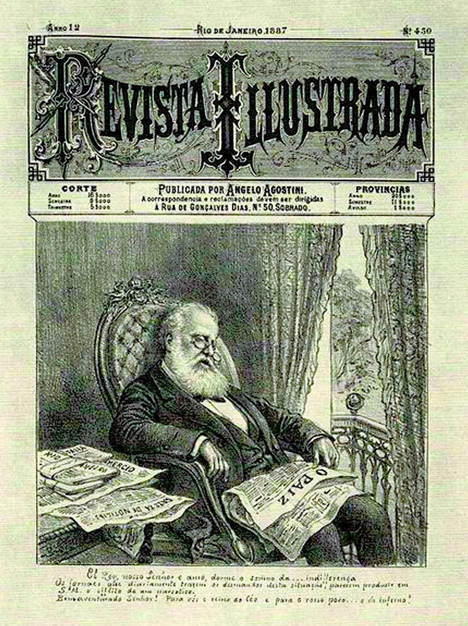 Edição de 5 de janeiro de 1987 da Revista Ilustrada traz ilustração do monarca dom Pedro II dormindo diante de jornais