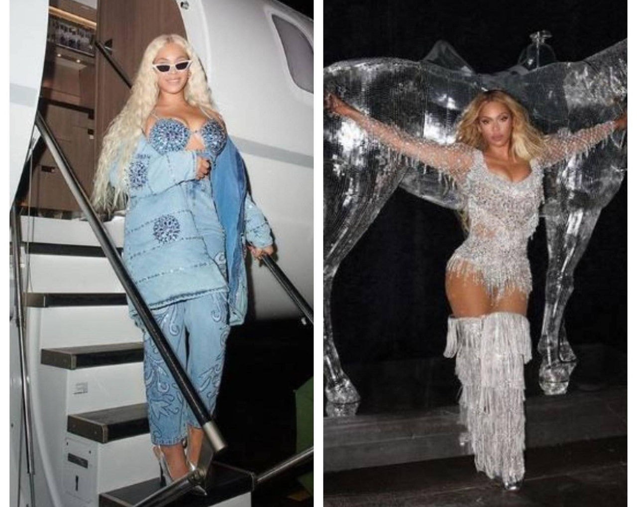 Cantora Beyoncé com roupas da grife brasileira PatBO: as peças em jeans, Beyoncé vestiu para desembarcar em Salvador (12/23); o body prateado ela usou na turnê Renaissance, em setembro