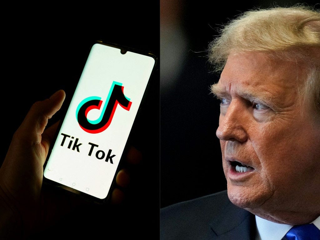 (COMBO) This combination of pictures created on June 2, 2024 shows a man holding a smartphone displaying the logo of Chinese social media platform Tiktok in an office in Paris on April 19, 2024 and former US President and Republican presidential candidate Donald Trump speaking to the media as he arrives for his criminal trial at Manhattan Criminal Court in New York City on May 30, 2024. Former US president and current White House hopeful Donald Trump has joined TikTok, posting his first video on the wildly popular social media app he once tried to ban while in office. Reaching out to younger voters as he seeks reelection in November, Trump posted a 13-second clip on June 1, 2024 that shows him in his usual blue suit and red tie attending an Ultimate Fighting Championship bout in Newark, New Jersey. (Photo by Antonin UTZ and Seth Wenig / various sources / AFP)