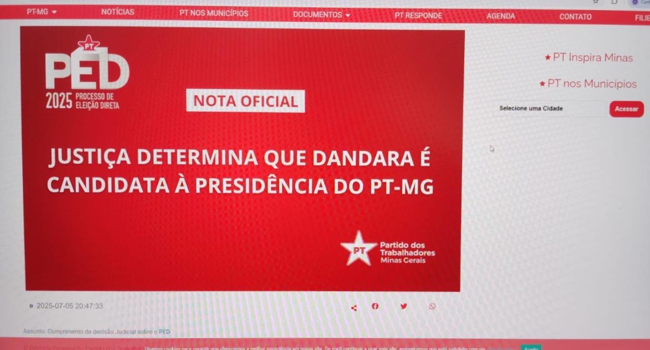 Site do PT-MG mantém como destaque comunicado sobre participação da deputada federal Dandara na eleição para o comando da legenda no estado.