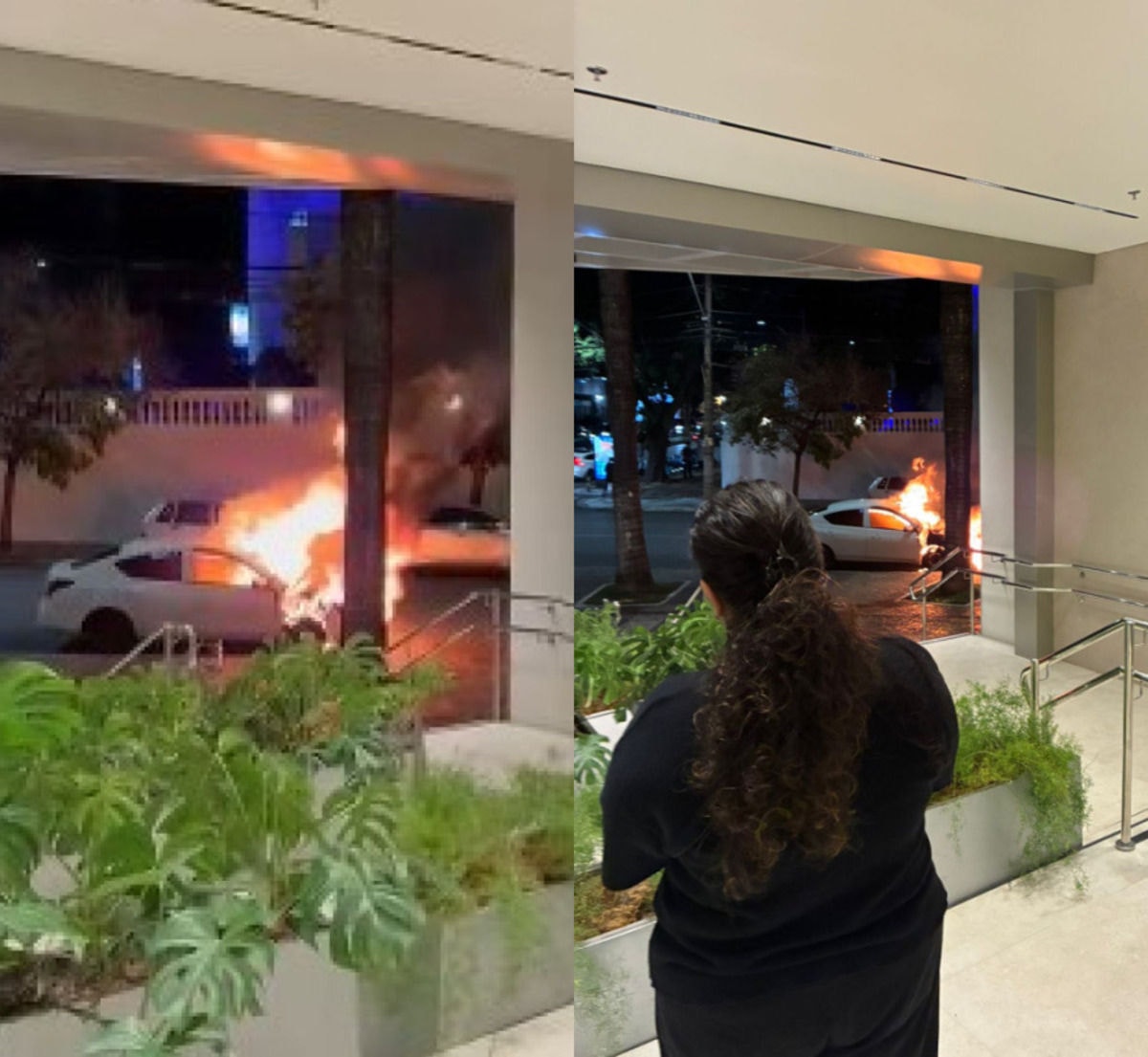 O veículo estava em chamas em frente ao shopping