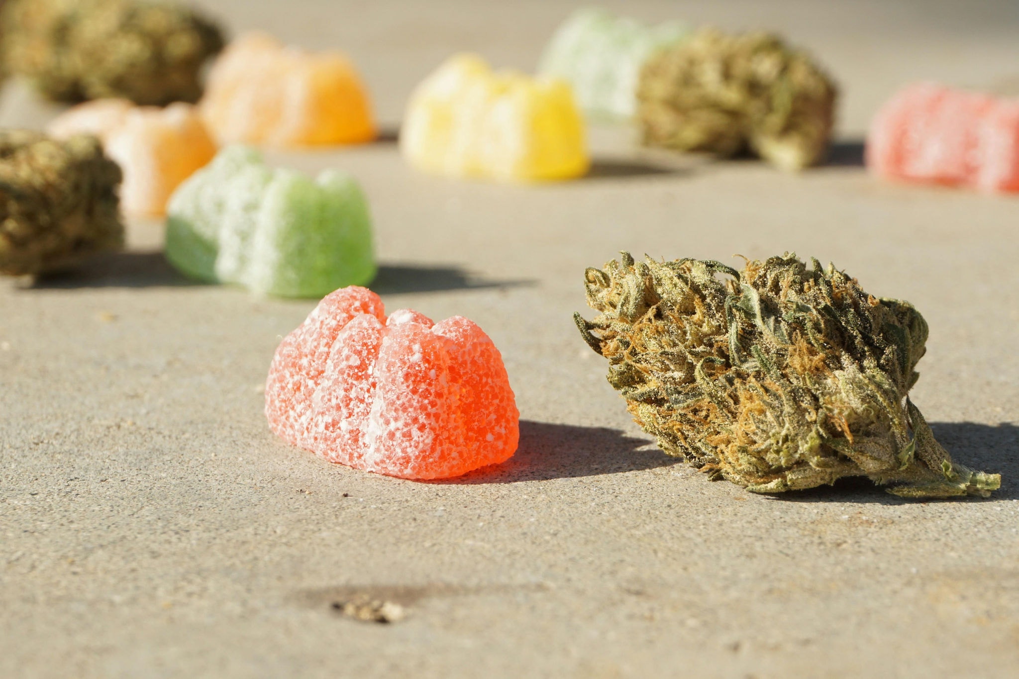 Foto ilustrativa mostra jujubas de maconha comercializadas como medicamento no exterior; ao lado, uma flor da cannabis