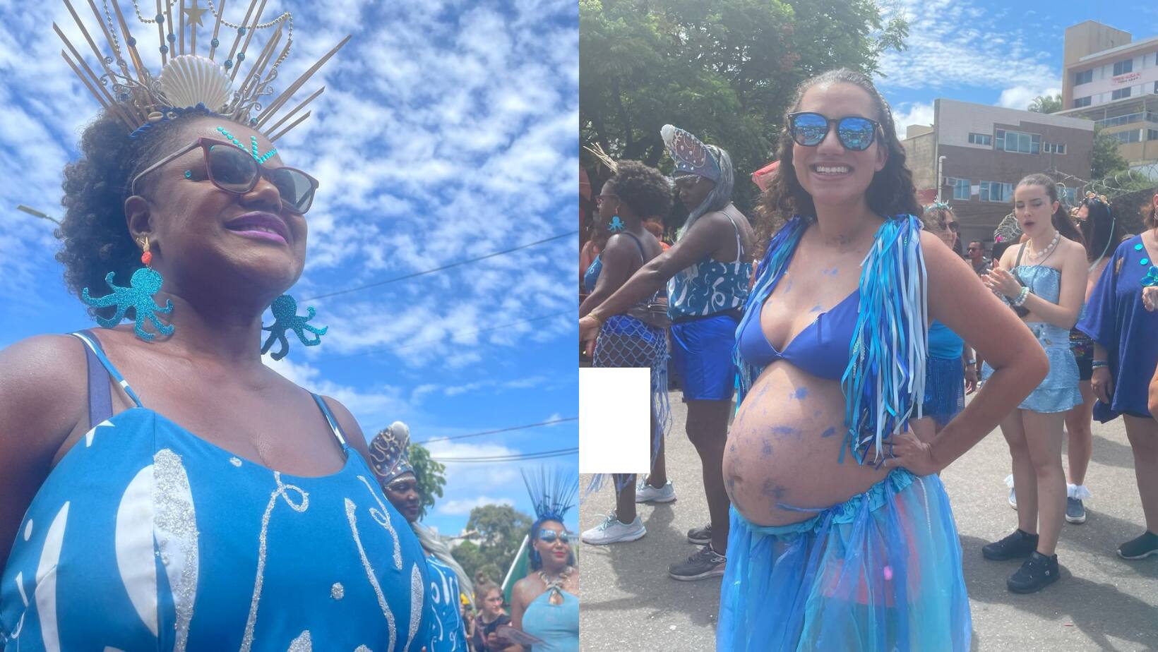 Corpo de baile está com fantasias de cor azul, que remetem ao tema da água