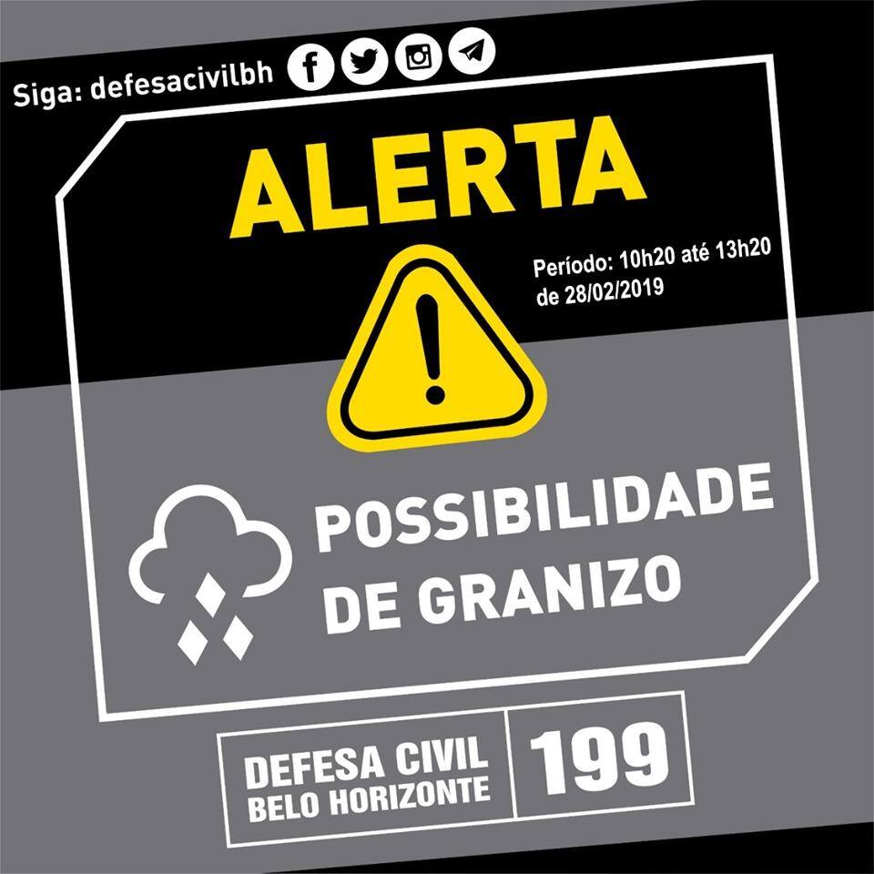 Defesa Civil alerta para risco de chuva de granizo nesta quinta-feira em BH