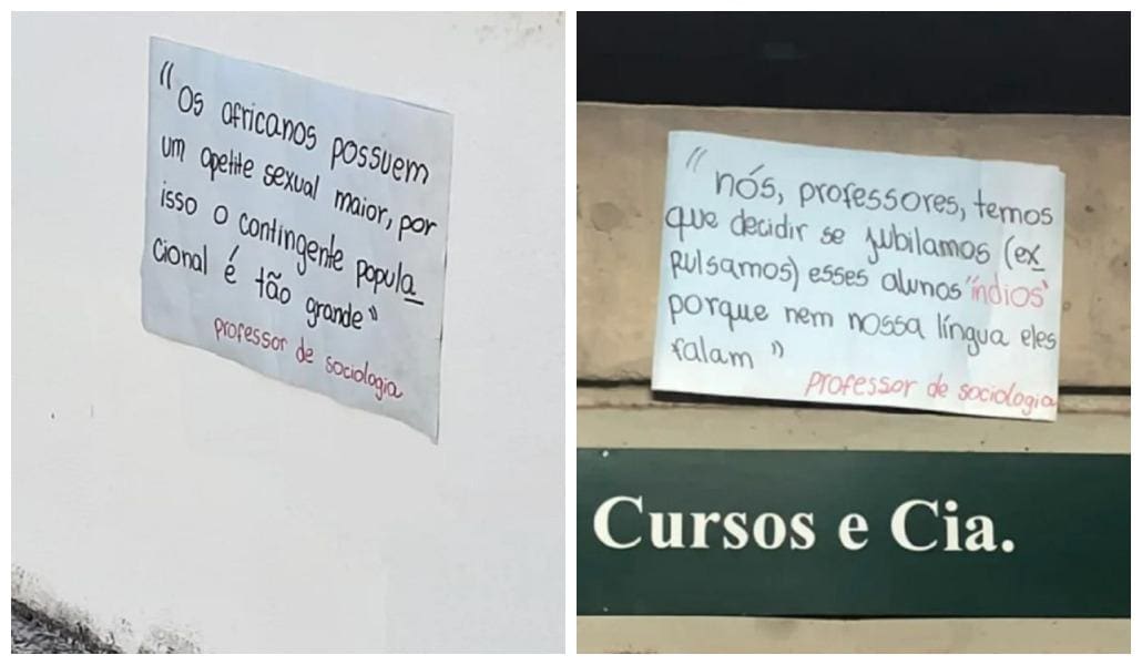 Estudantes espalharam cartazes com as afirmações racistas do professor pelo prédio da Fafich