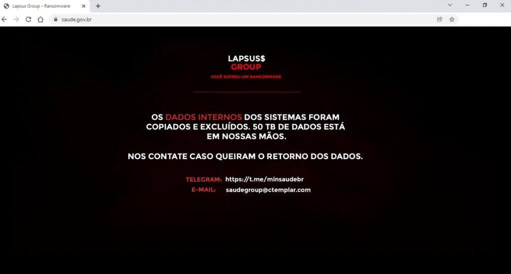 Portal do Ministério da Saúde: Ao tentar a página do ministério, o usuário encontra a mensagem “dados internos dos sistemas foram copiados e excluídos”