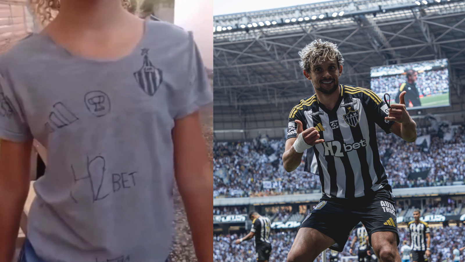 Torcedora mirim faz camisa improvisada do Atlético com nome de Scarpa, que reage; assista