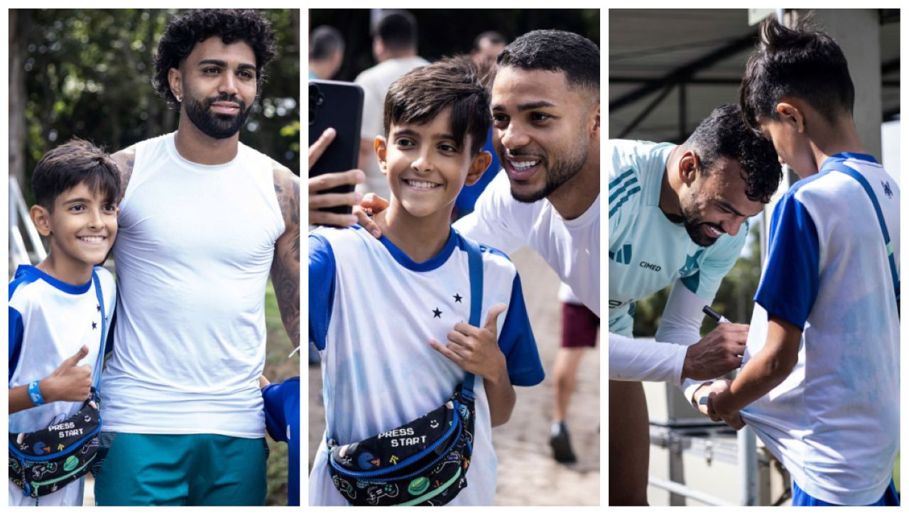 Jogadores do Cruzeiro são 'tietados' e tiram fotos com crianças em treino no Espírito Santo