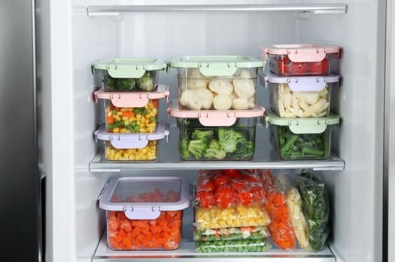 Recipientes de vidro e embalagens de plástico a vácuo com alimentos congelados em freezer.